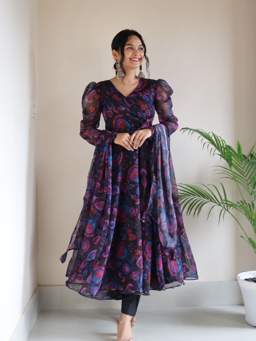 Royal Mirage: Sadlo`s Digital Printed Floral Georgette Silk Anarkali Suit with Huge Flair