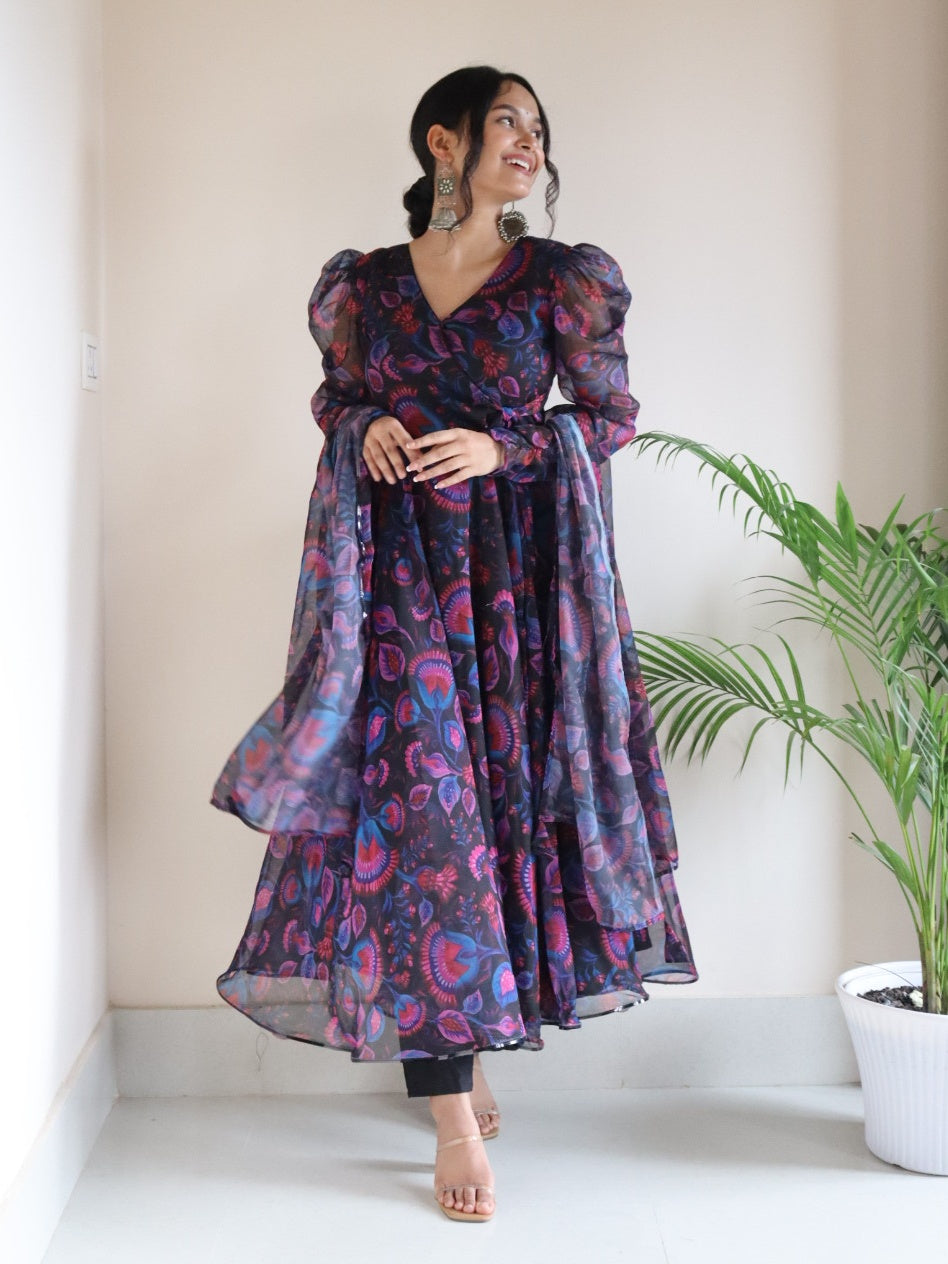 Royal Mirage: Sadlo`s Digital Printed Floral Georgette Silk Anarkali Suit with Huge Flair