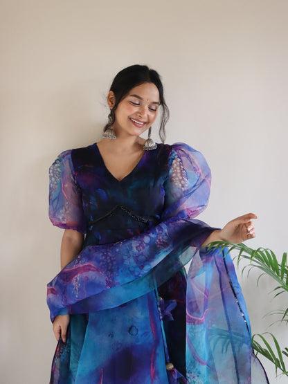 Cosmic Bloom: Sadlo's Designer Digital Printed Organza Silk Anarkali Suit With Huge Flair