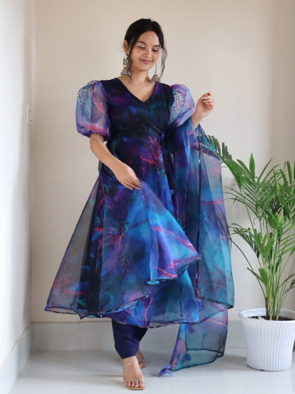 Cosmic Bloom: Sadlo's Designer Digital Printed Organza Silk Anarkali Suit With Huge Flair