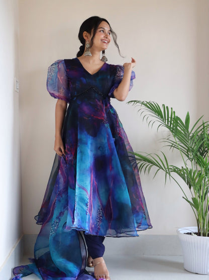 Cosmic Bloom: Sadlo's Designer Digital Printed Organza Silk Anarkali Suit With Huge Flair