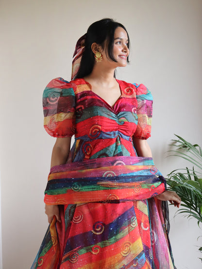 Rainbow Swirl: Sadlo's Designer Digital Printed Organza Silk Anarkali Suit With Huge Flair