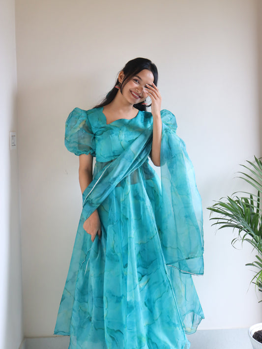 Turquoise Temptation: Sadlo's Designer Digital Printed Organza Silk Anarkali Suit With Huge Flair