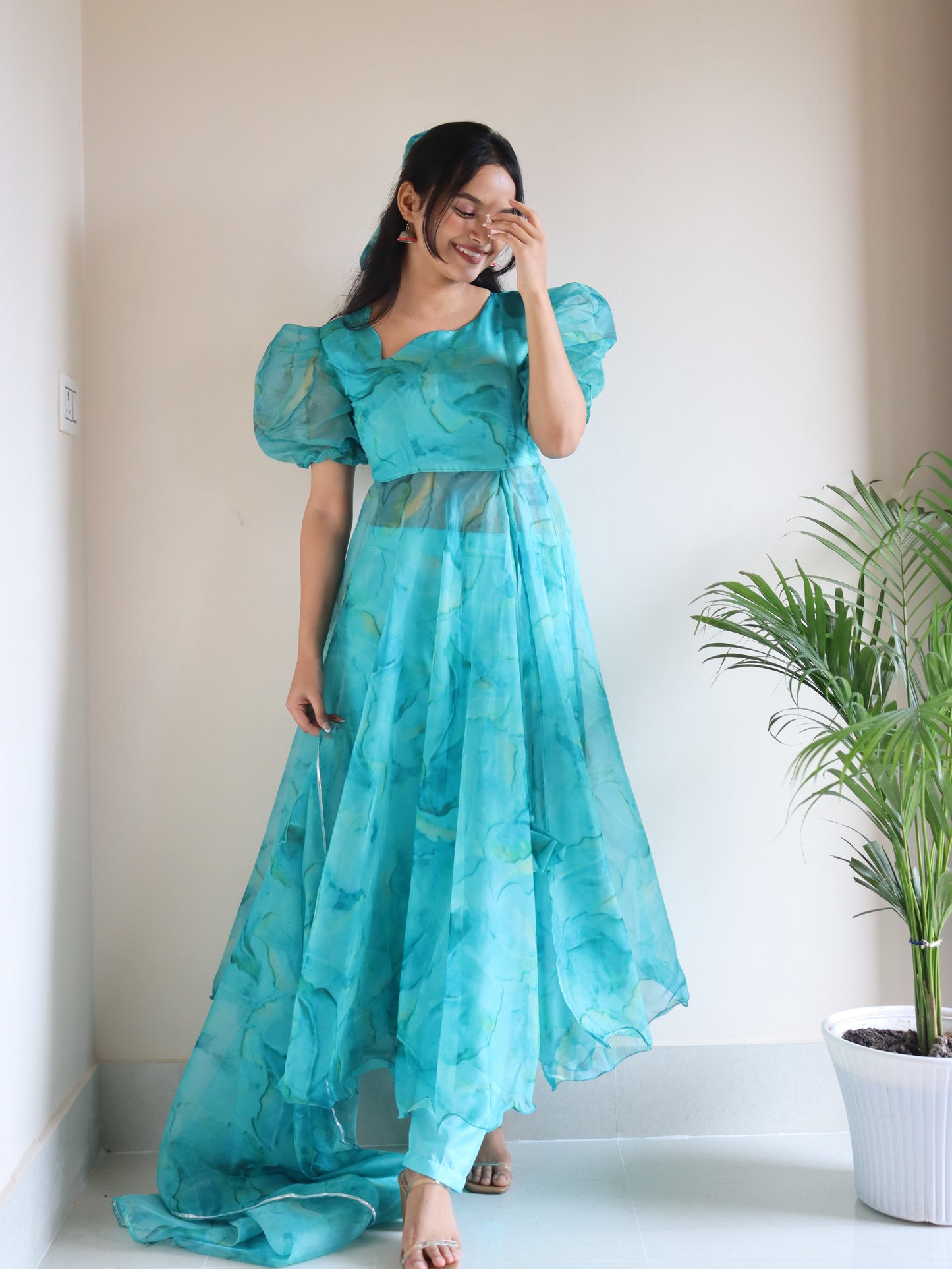 Turquoise Temptation: Sadlo's Designer Digital Printed Organza Silk Anarkali Suit With Huge Flair