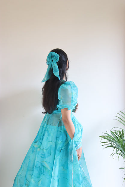 Turquoise Temptation: Sadlo's Designer Digital Printed Organza Silk Anarkali Suit With Huge Flair