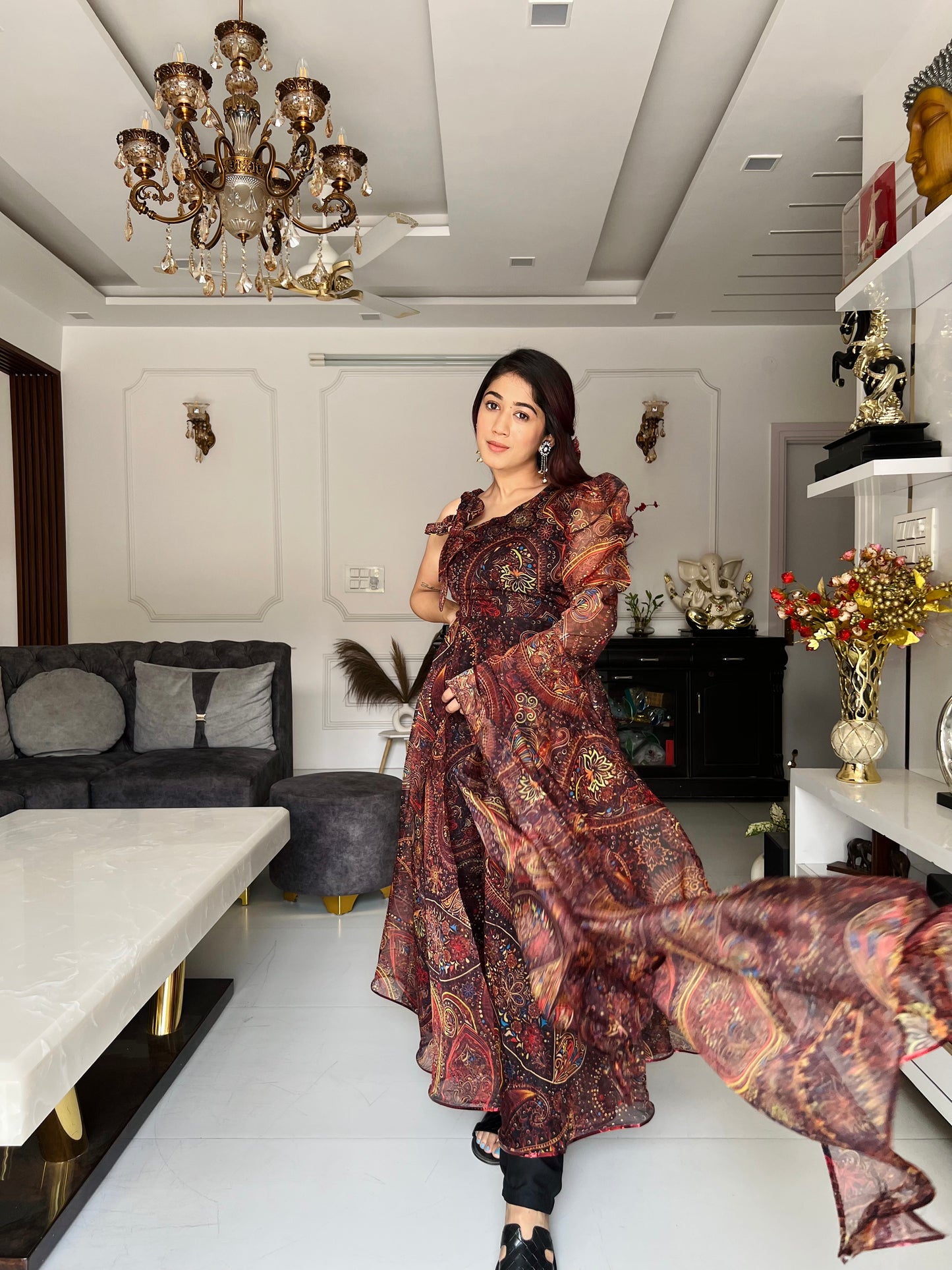 Paisley Fusion: Sadlo's Designer Digital Printed Organza Silk Anarkali Suit With Huge Flair