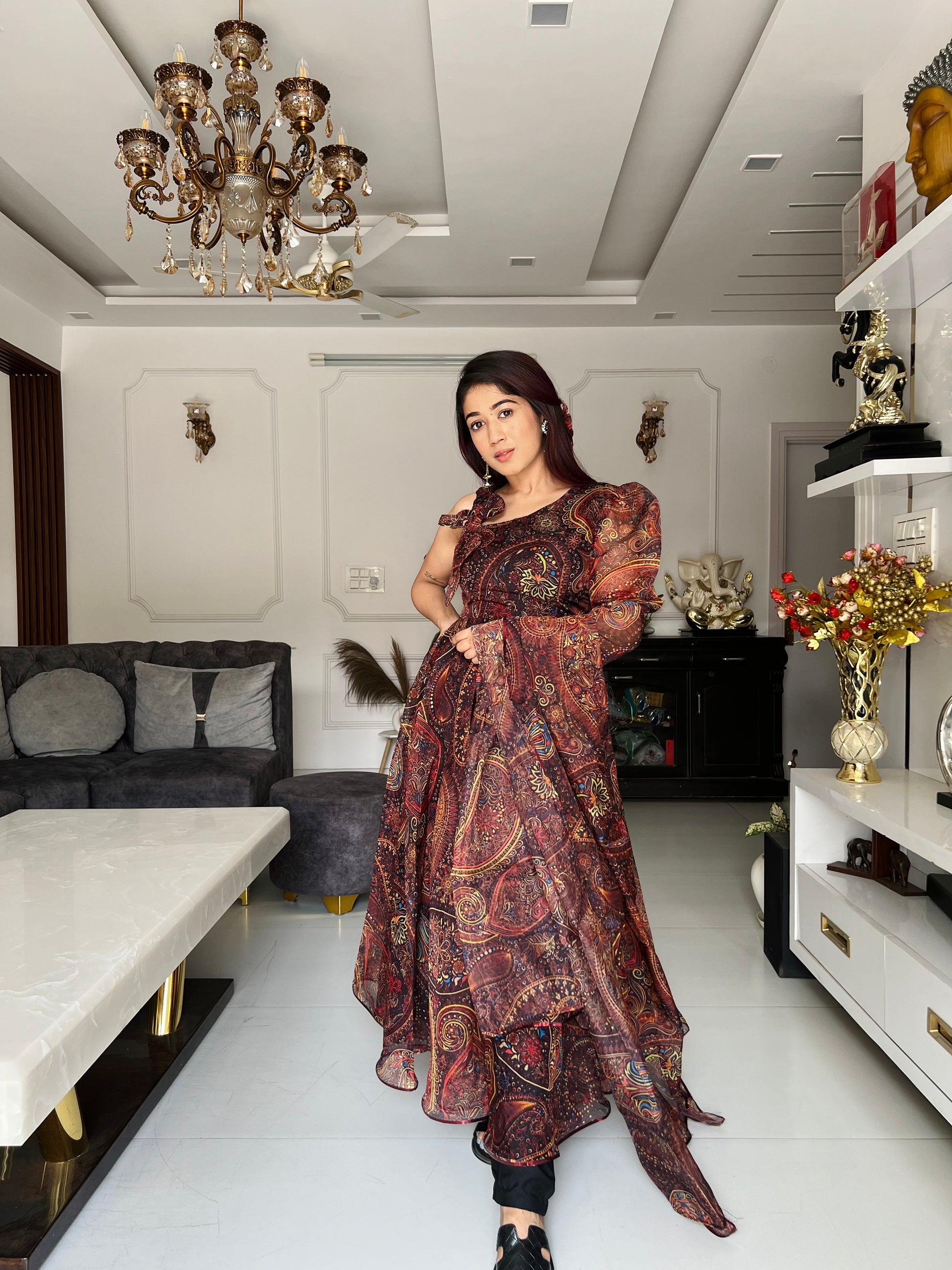 Paisley Fusion: Sadlo's Designer Digital Printed Organza Silk Anarkali Suit With Huge Flair