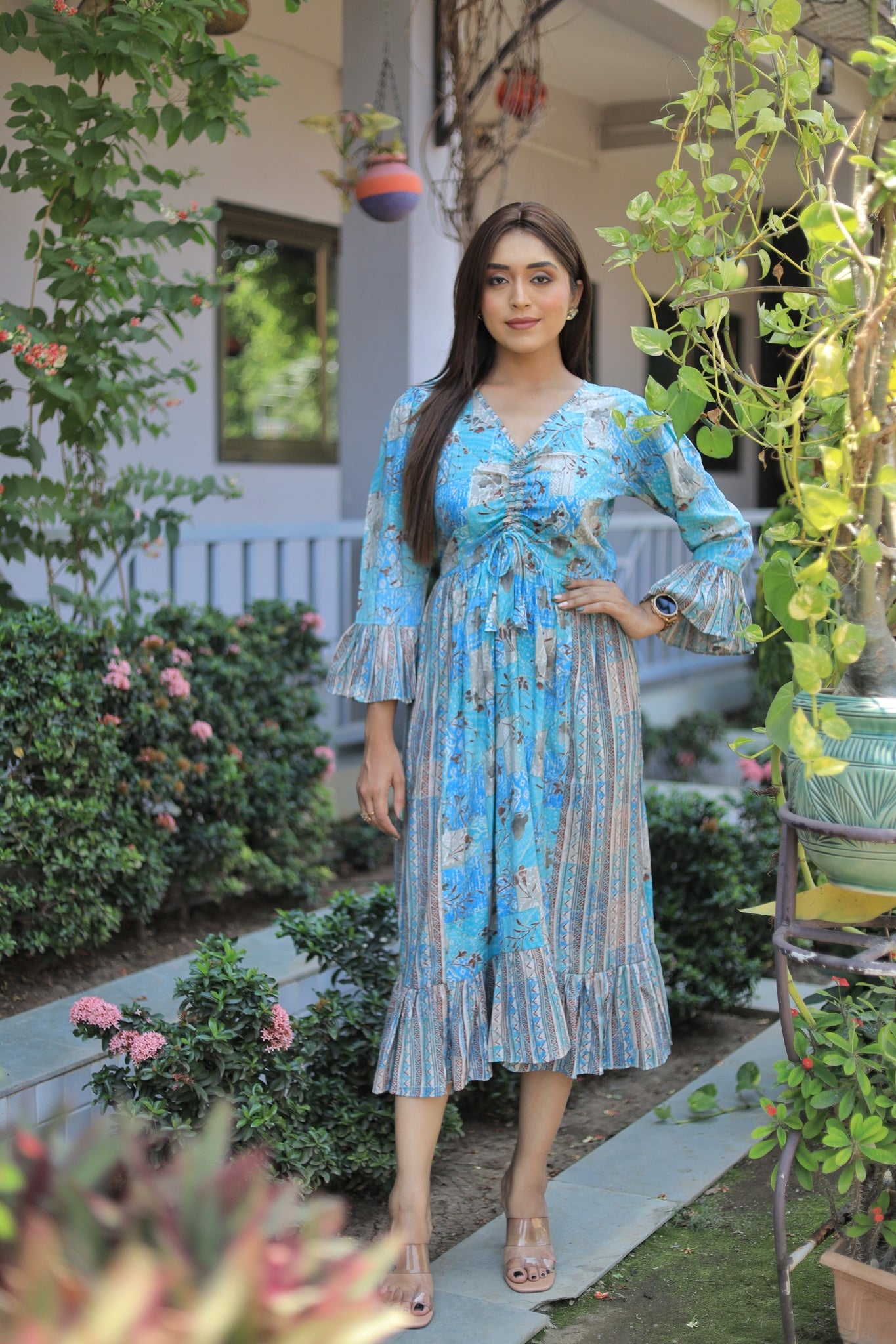 Blue Color V -Neck Printed Fancy Kurti By SADLO