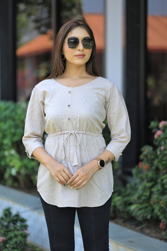 Beige Color V-neck Casual Tunic Tops By SADLO