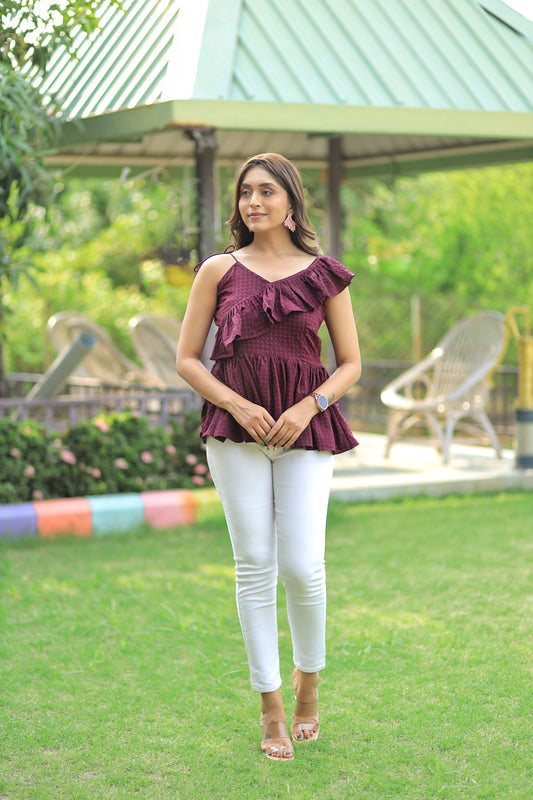 Maroon Color One-Shoulder Ruffles Peplum Top By SADLO