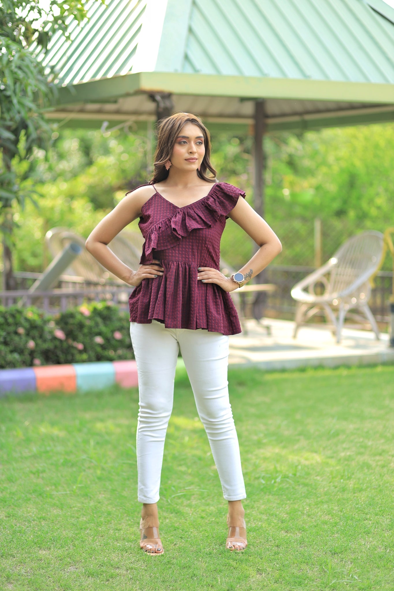 Maroon Color One-Shoulder Ruffles Peplum Top By SADLO