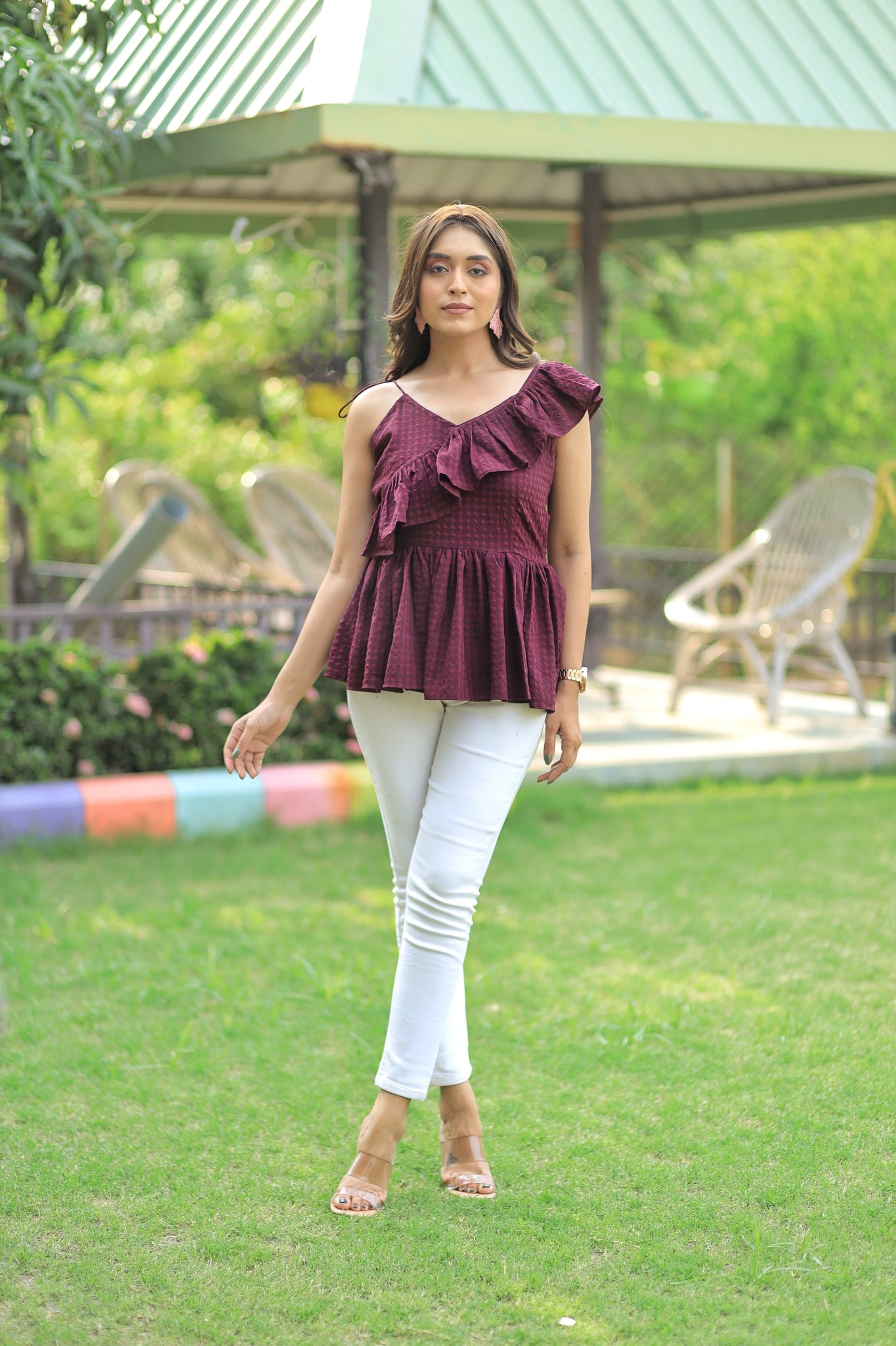 Maroon Color One-Shoulder Ruffles Peplum Top By SADLO