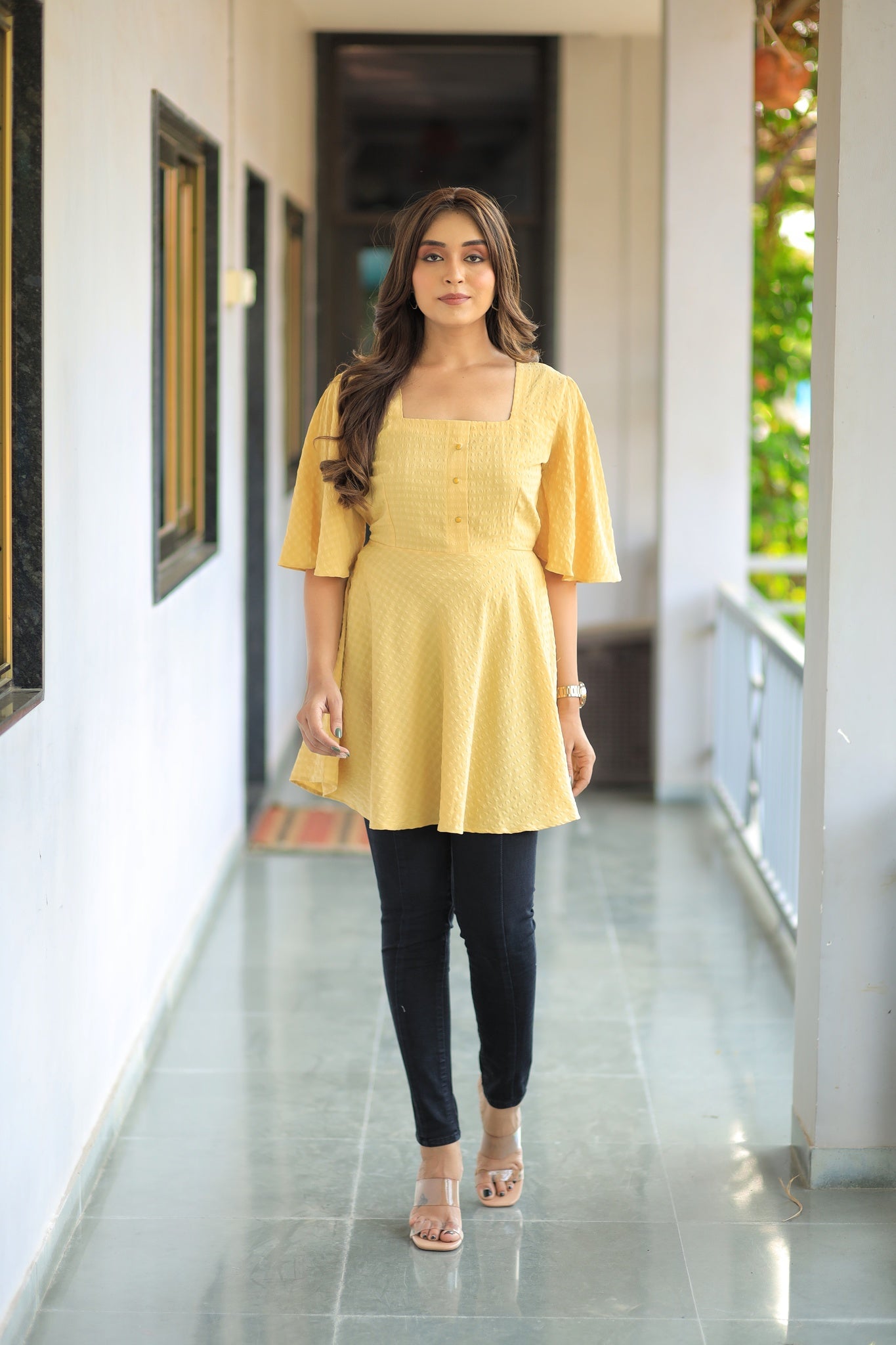 Yellow Color Cut Work Fit and Flare Square Neck Dress By SADLO