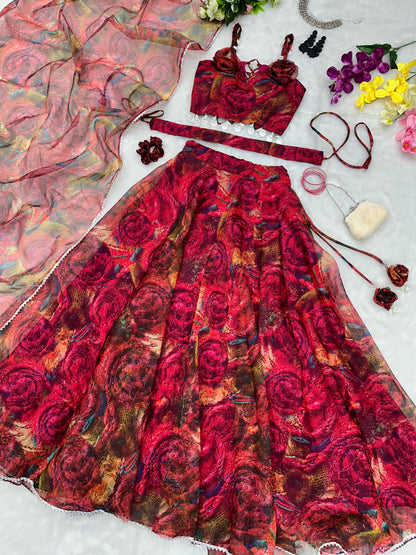 Rose Romance: Sadlo`s Pure Organza Silk Digital Printed Lehenga Choli