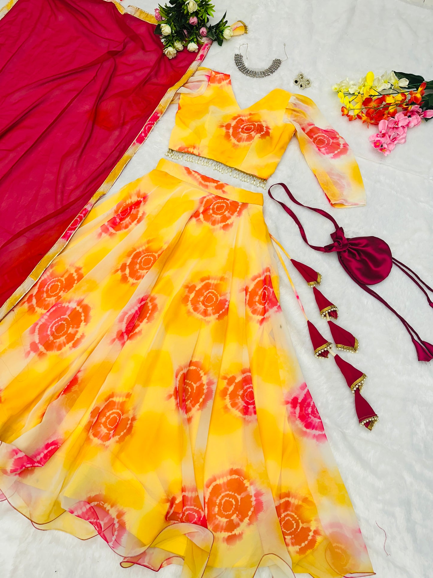 Marigold Flair: Sadlo`s Pure Georgette Silk Digital Printed Lehenga Choli