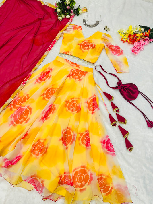 Marigold Flair: Sadlo`s Pure Georgette Silk Digital Printed Lehenga Choli