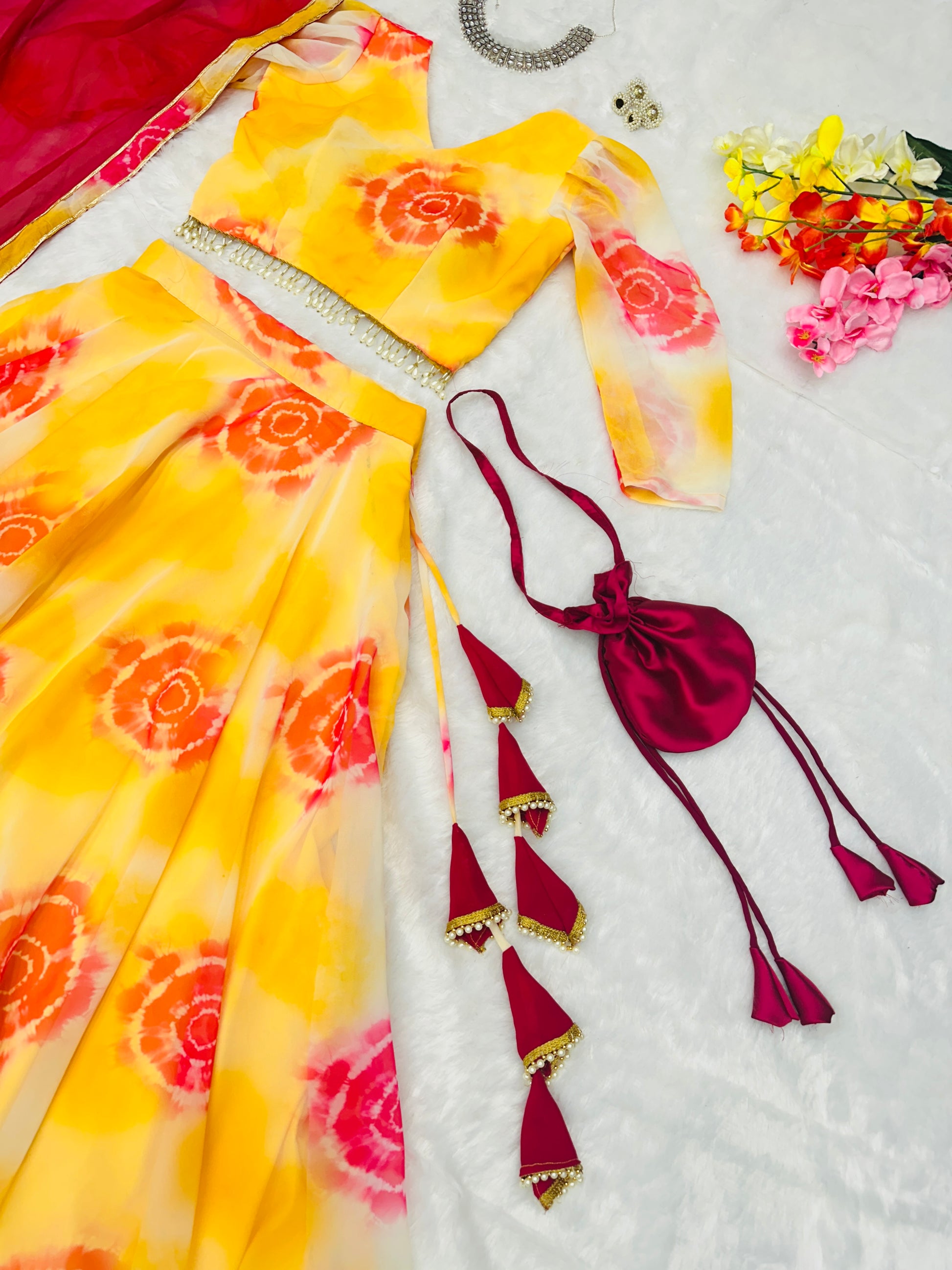 Marigold Flair: Sadlo`s Pure Georgette Silk Digital Printed Lehenga Choli