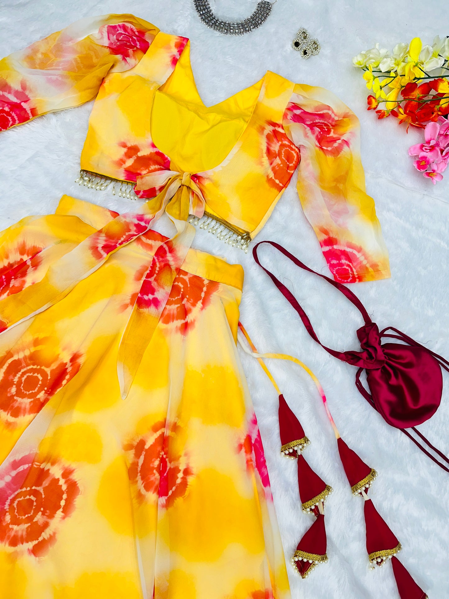 Marigold Flair: Sadlo`s Pure Georgette Silk Digital Printed Lehenga Choli