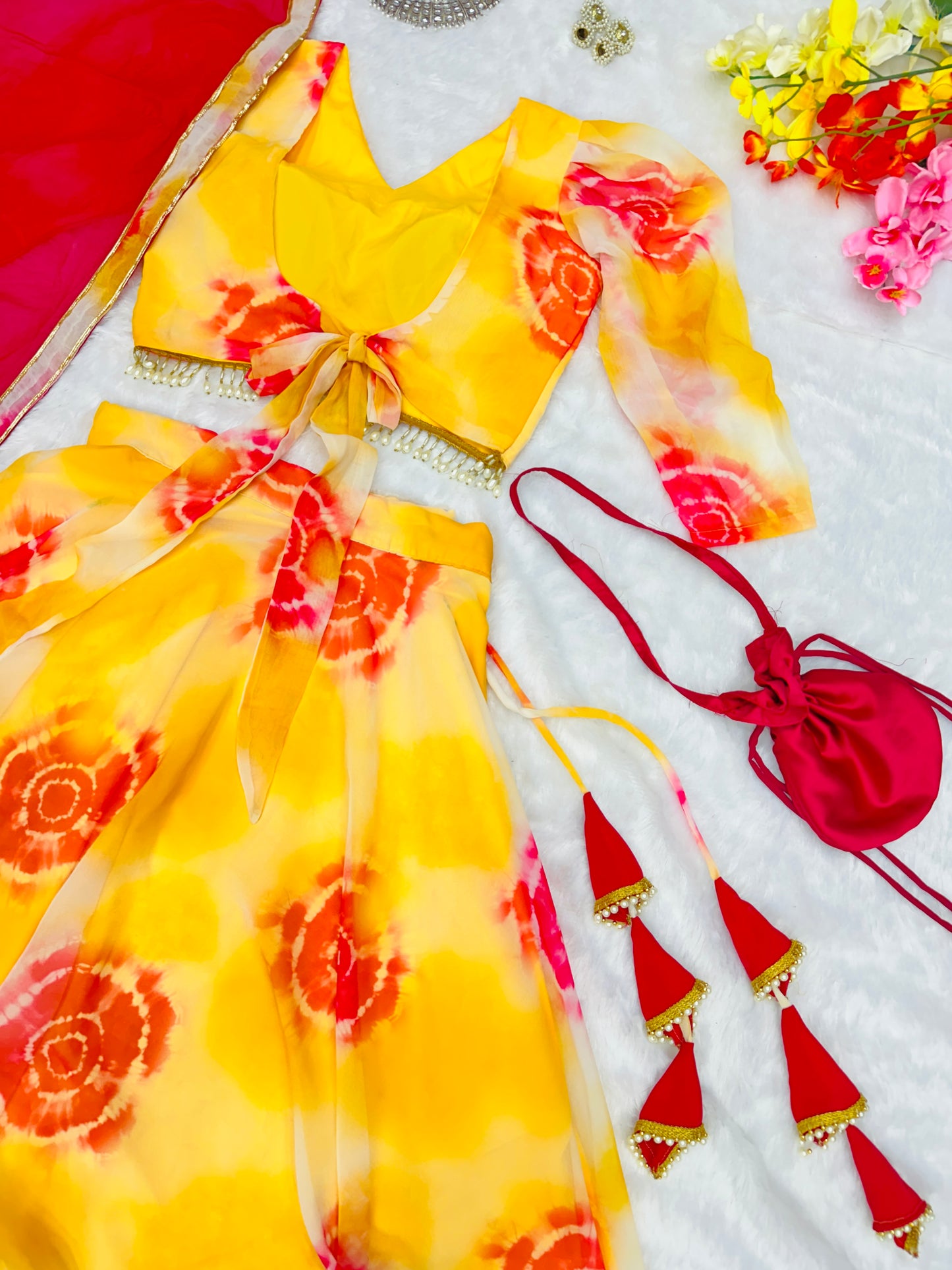 Marigold Flair: Sadlo`s Pure Georgette Silk Digital Printed Lehenga Choli