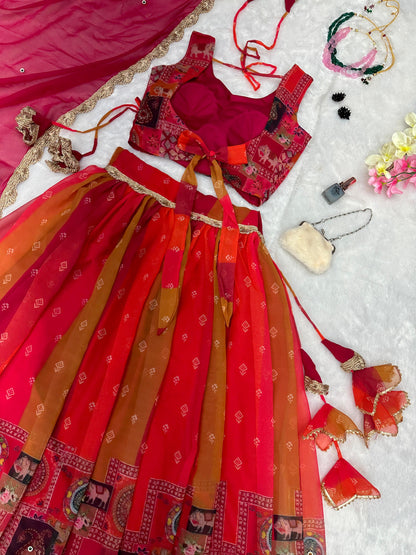 Kalamkari Allure: Sadlo`s Pure Georgette Silk Digital Painted Kalamkari Lehenga Choli