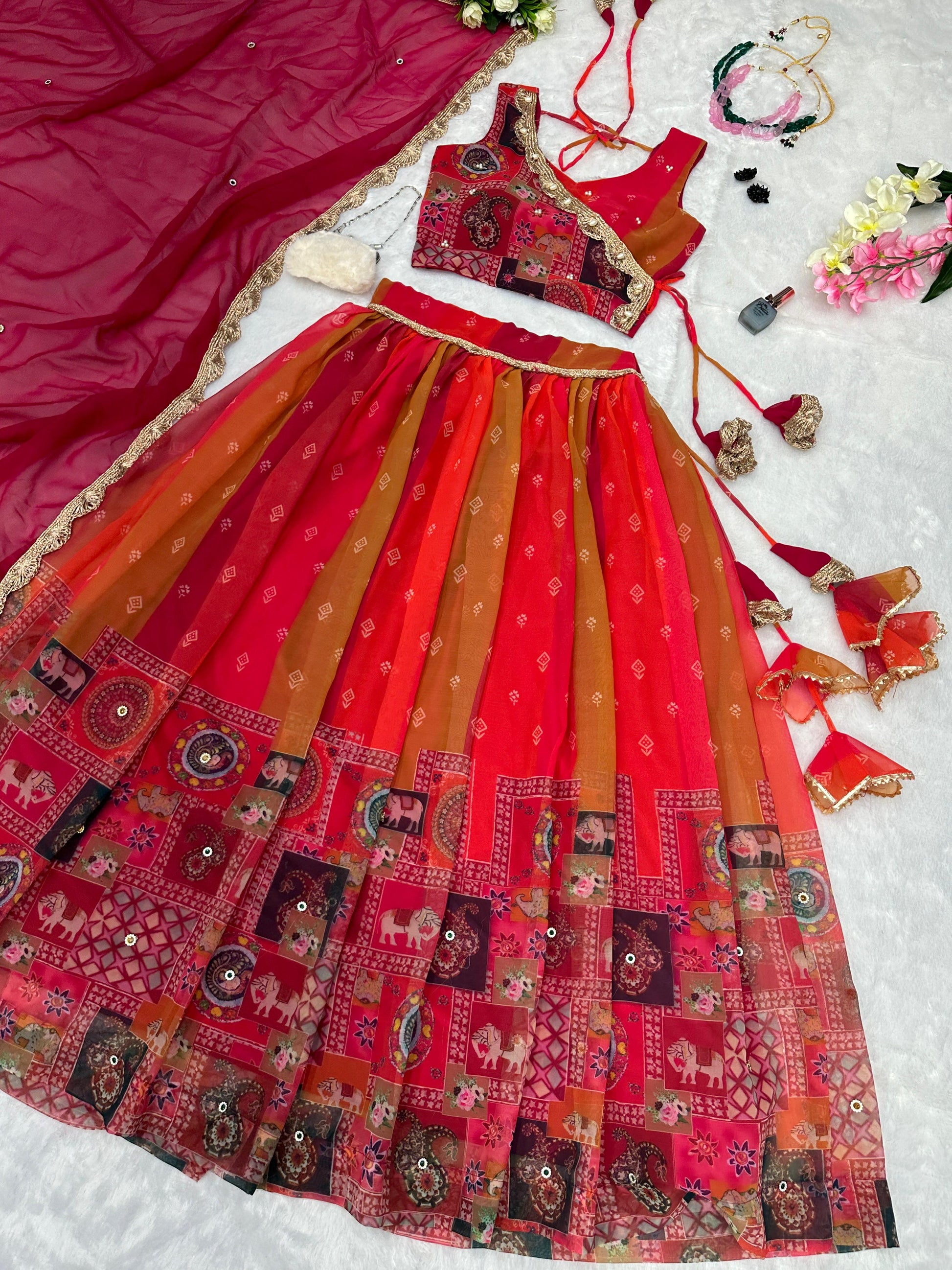 Kalamkari Allure: Sadlo`s Pure Georgette Silk Digital Painted Kalamkari Lehenga Choli