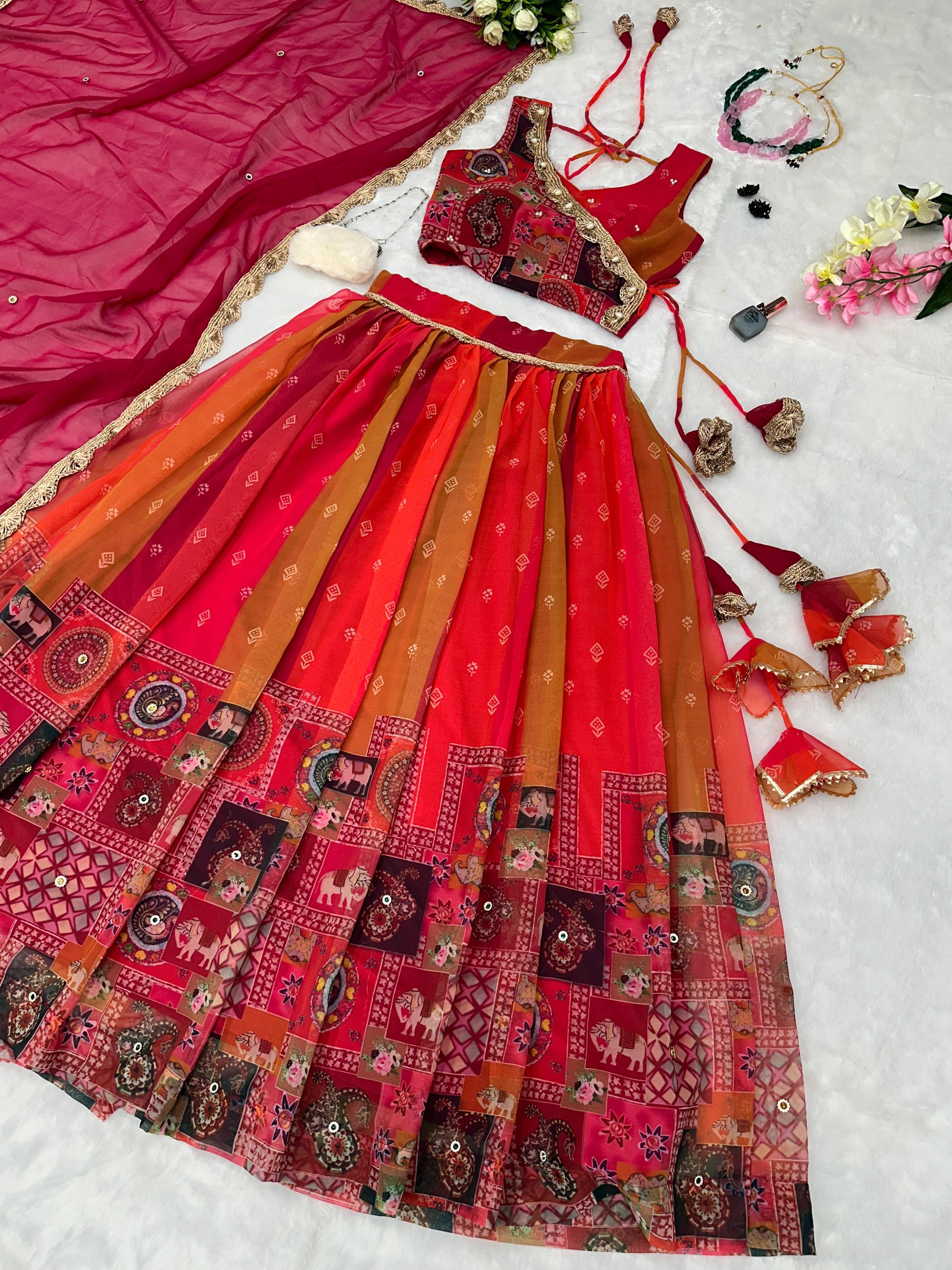 Kalamkari Allure: Sadlo`s Pure Georgette Silk Digital Painted Kalamkari Lehenga Choli