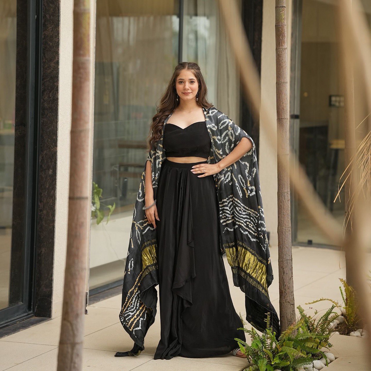 Midnight Mirage: Sadlo`s Georgette Silk Indo-Western Fusion Outfit