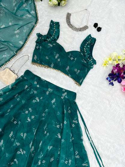 Celestial Teal Twirl: Sadlo`s Pure Organza Silk Digital Printed Lehenga Choli