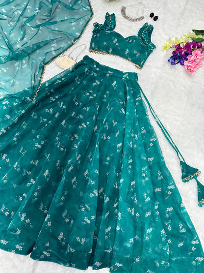 Celestial Teal Twirl: Sadlo`s Pure Organza Silk Digital Printed Lehenga Choli