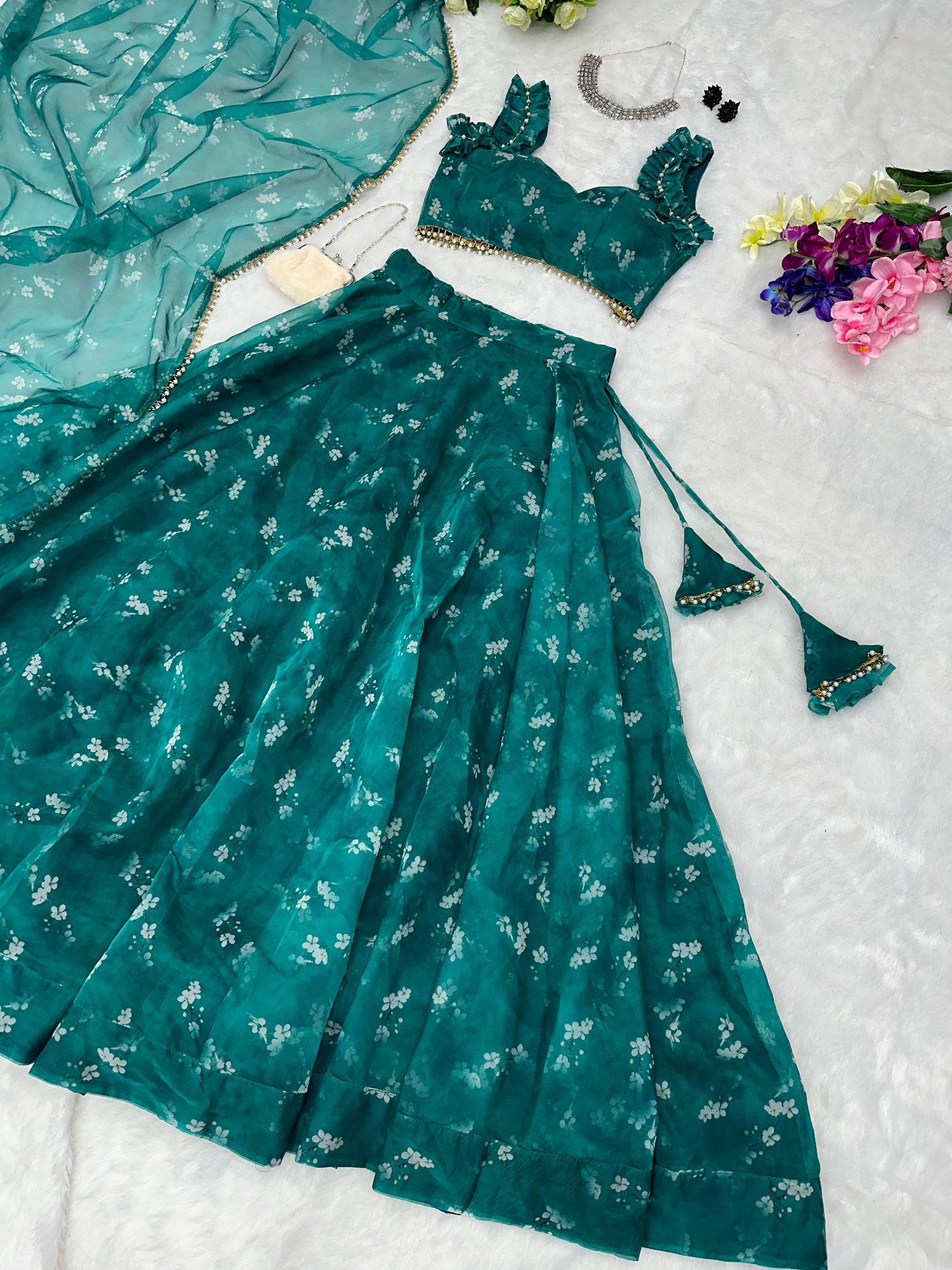 Celestial Teal Twirl: Sadlo`s Pure Organza Silk Digital Printed Lehenga Choli