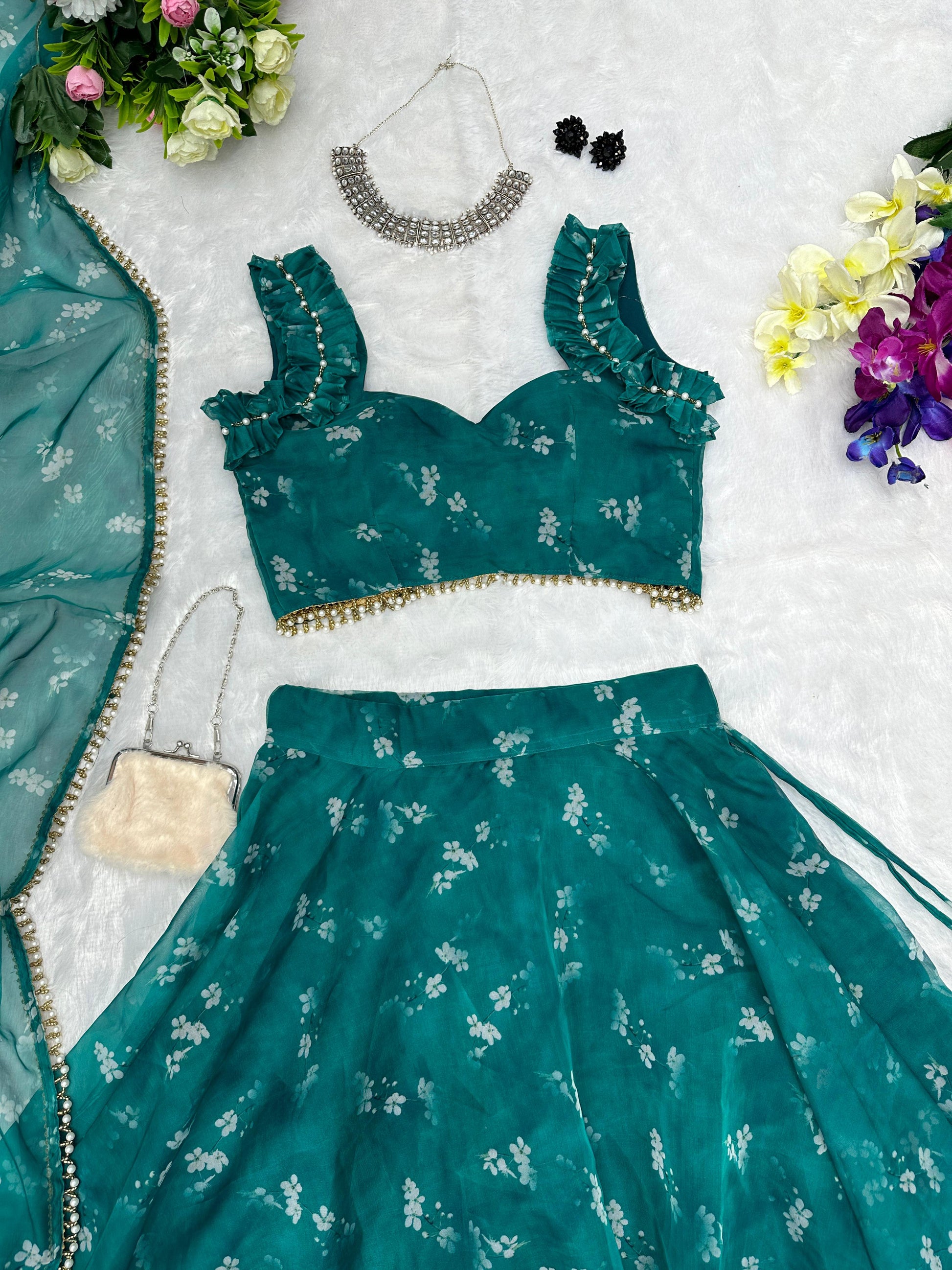 Celestial Teal Twirl: Sadlo`s Pure Organza Silk Digital Printed Lehenga Choli