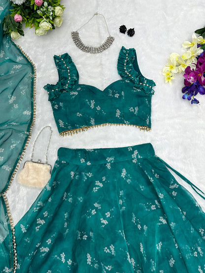 Celestial Teal Twirl: Sadlo`s Pure Organza Silk Digital Printed Lehenga Choli