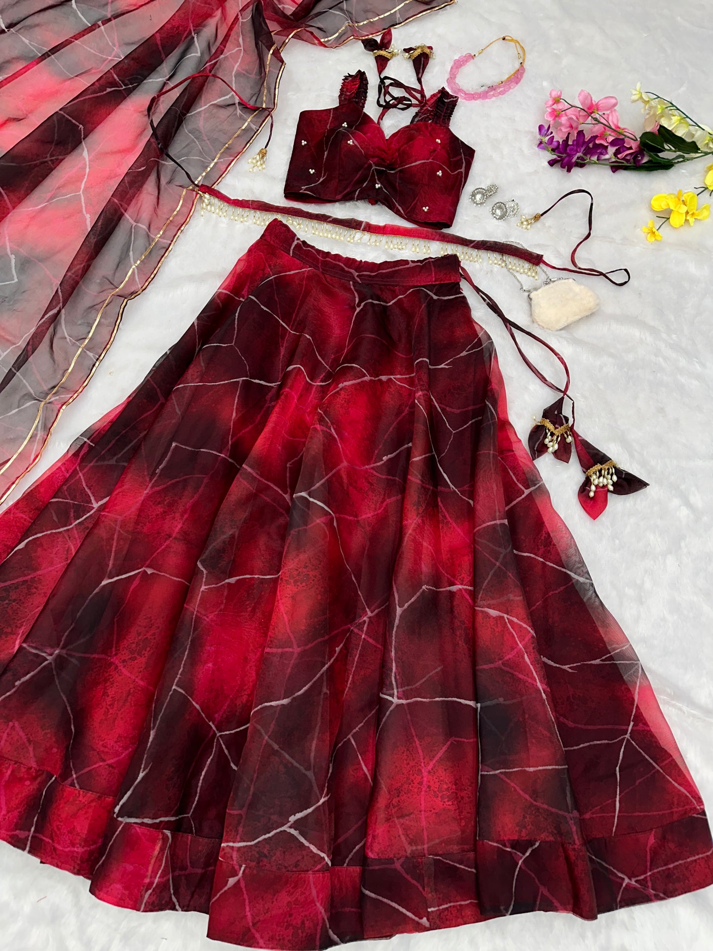 Wine Whirl: Sadlo`s Pure Organza Silk Digital Printed Lehenga Choli