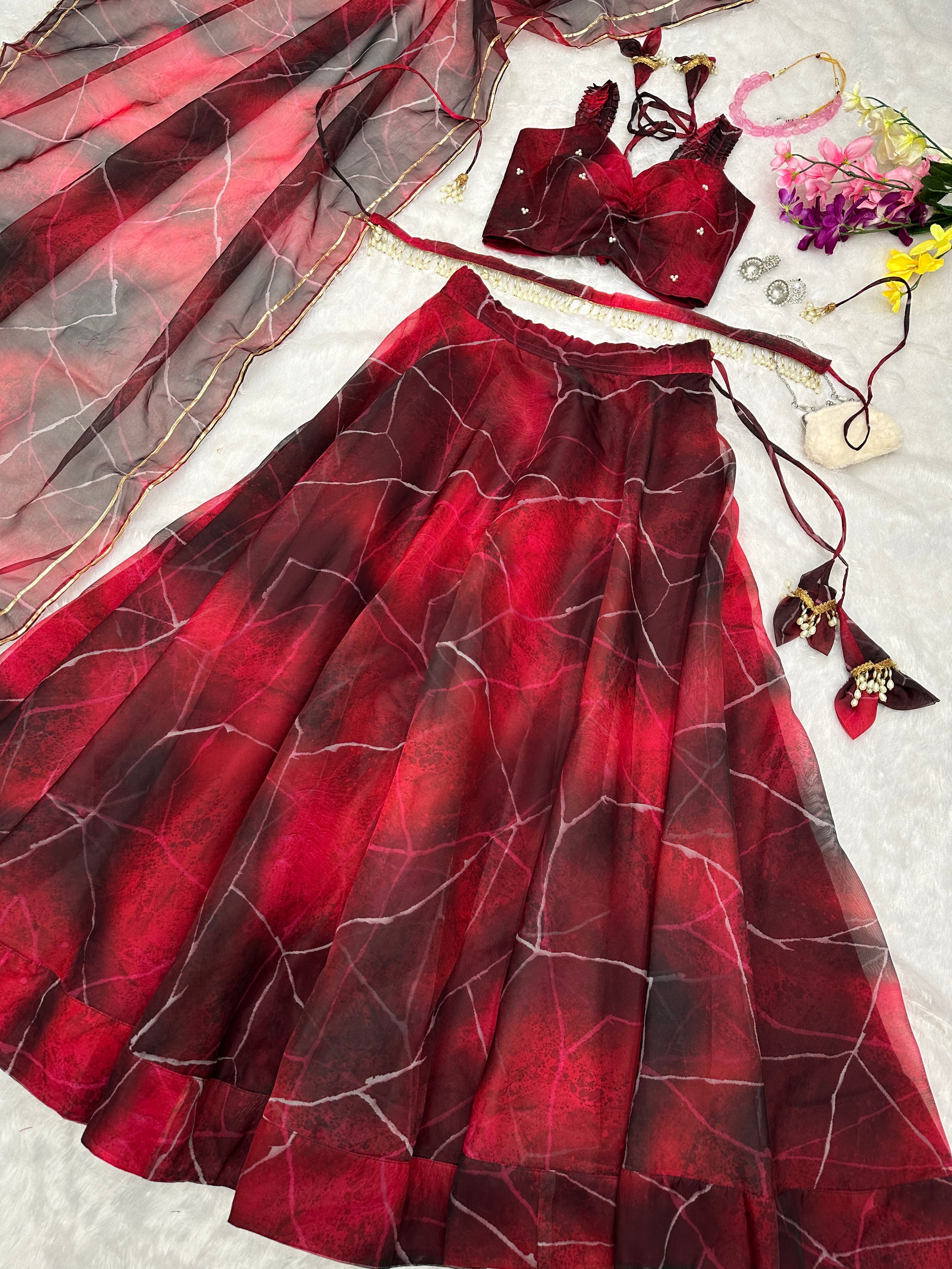 Wine Whirl: Sadlo`s Pure Organza Silk Digital Printed Lehenga Choli