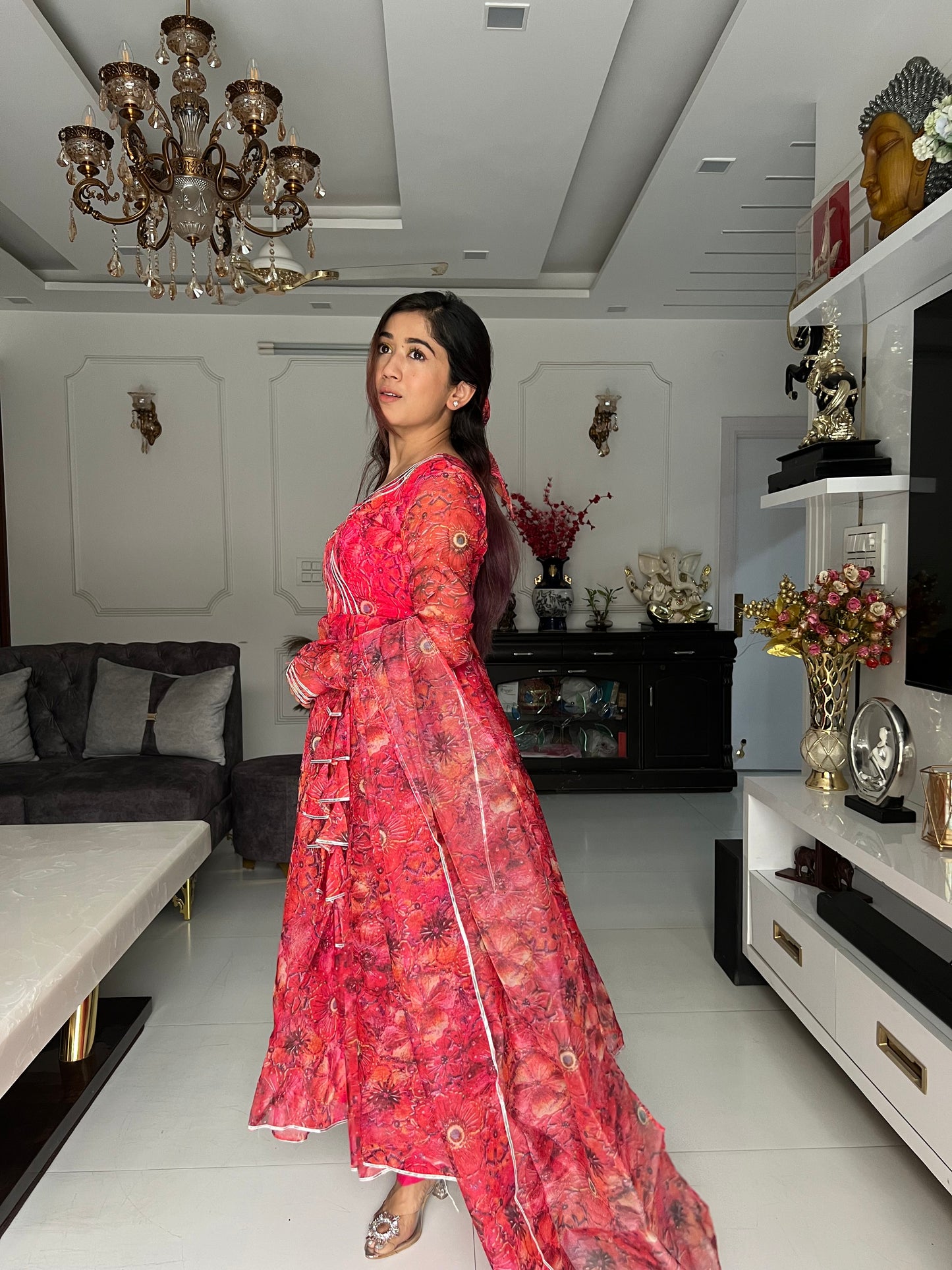 Crimson Blossom: Sadlo's Digital Printed Organza Silk Anarkali Suit With Huge Flair