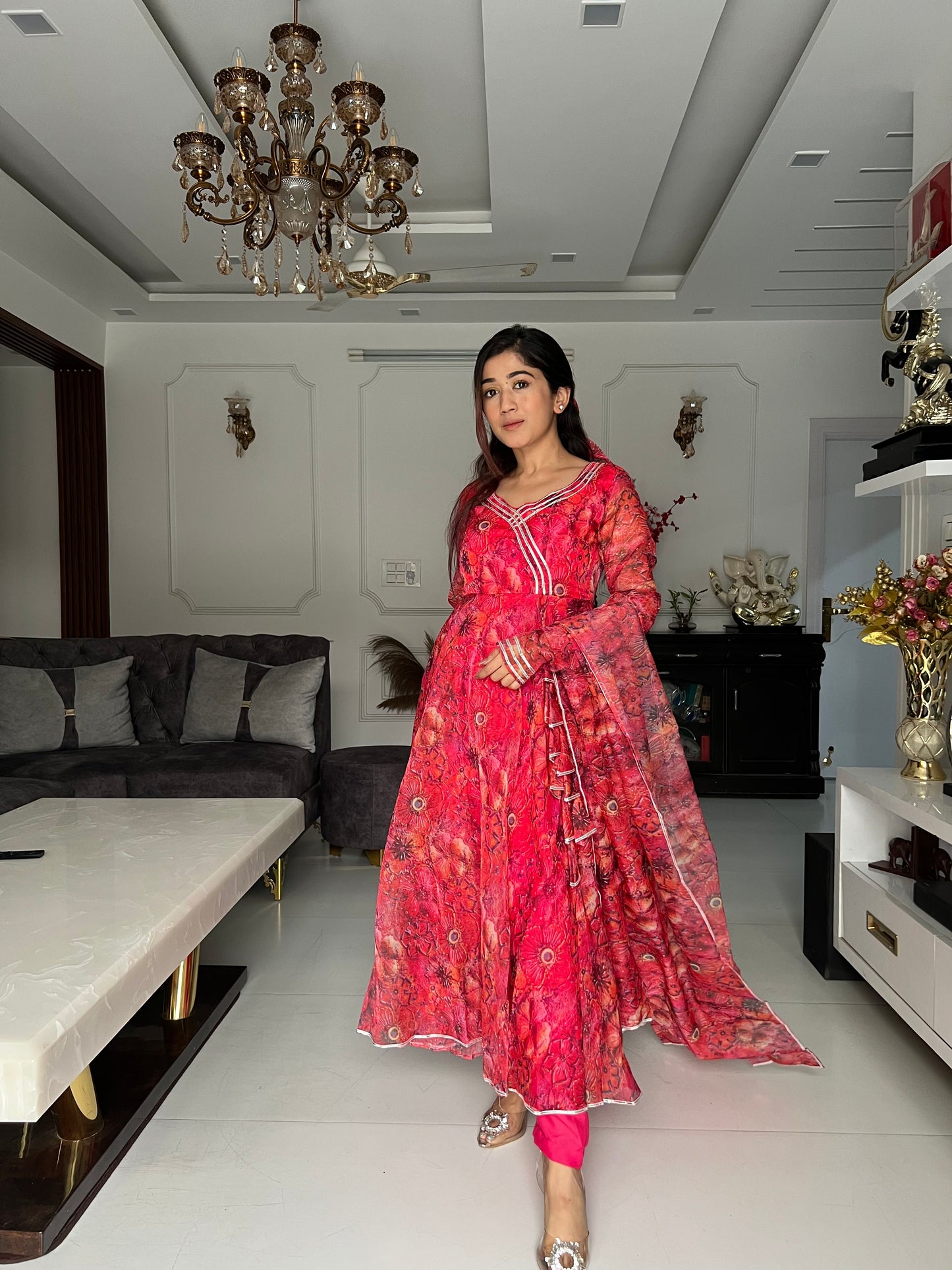 Crimson Blossom: Sadlo's Digital Printed Organza Silk Anarkali Suit With Huge Flair