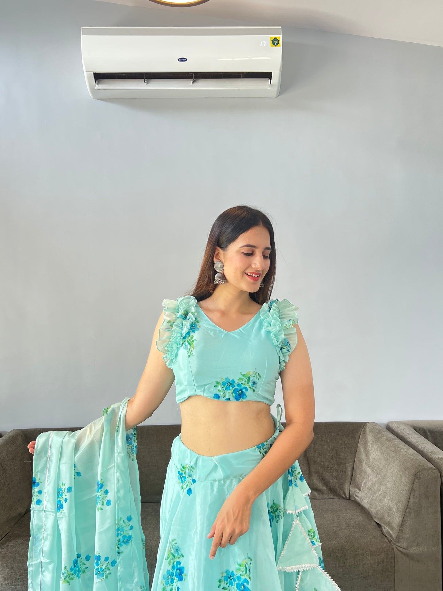 Turquoise Bloom: Sadlo`s Pure Organza Silk Digital Printed Lehenga Choli