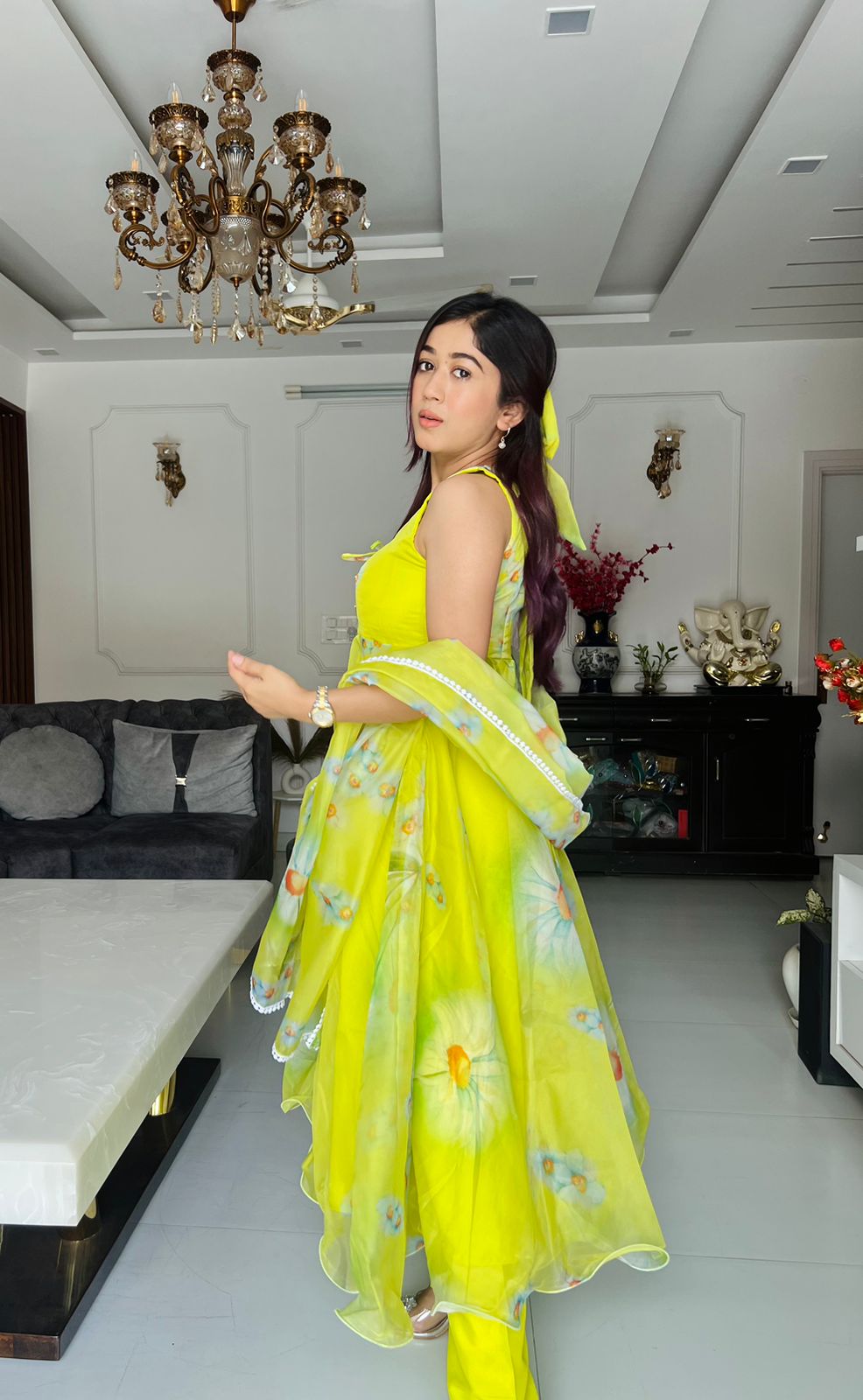 Lime Lullaby: Sadlo's Designer Digital Printed Organza Silk Anarkali Suit With Huge Flair