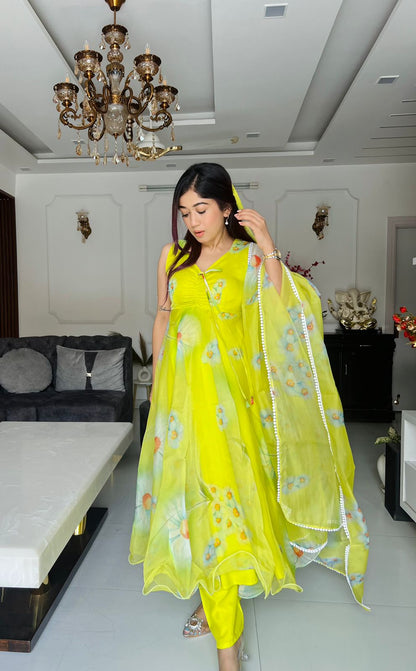 Lime Lullaby: Sadlo's Designer Digital Printed Organza Silk Anarkali Suit With Huge Flair