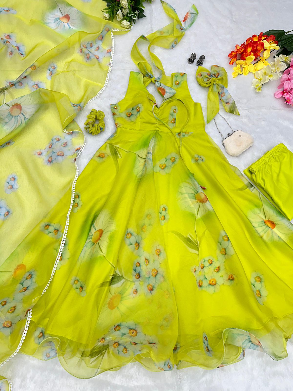 Lime Lullaby: Sadlo's Designer Digital Printed Organza Silk Anarkali Suit With Huge Flair