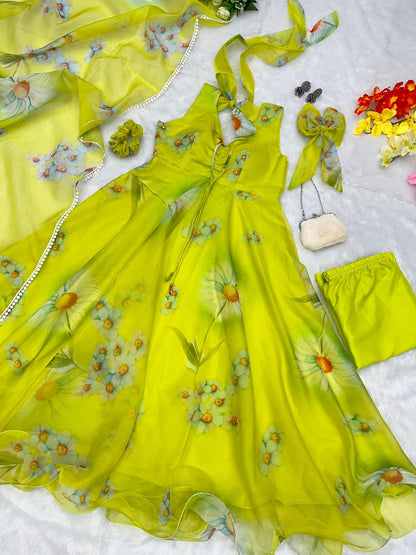 Lime Lullaby: Sadlo's Designer Digital Printed Organza Silk Anarkali Suit With Huge Flair