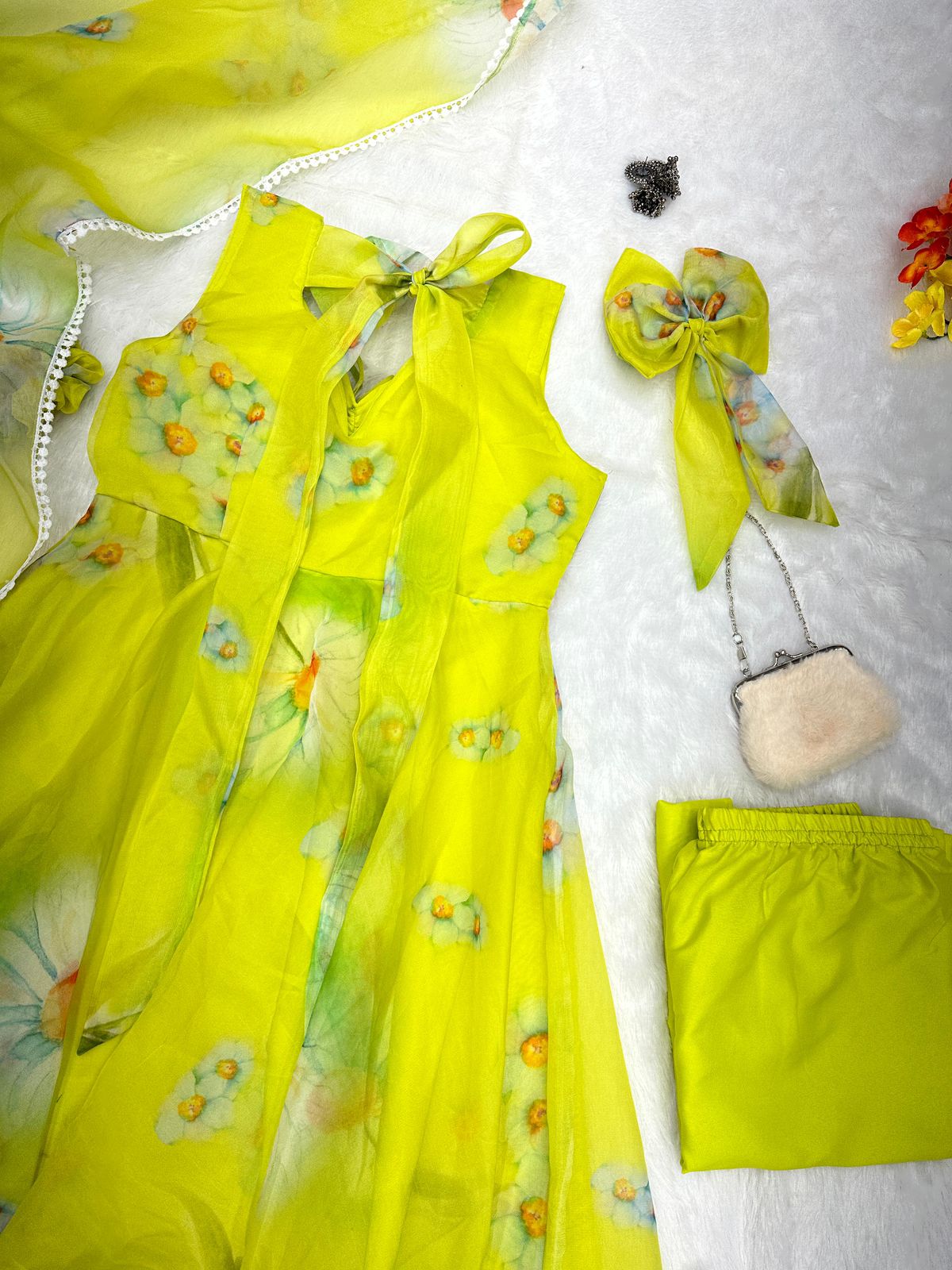 Lime Lullaby: Sadlo's Designer Digital Printed Organza Silk Anarkali Suit With Huge Flair