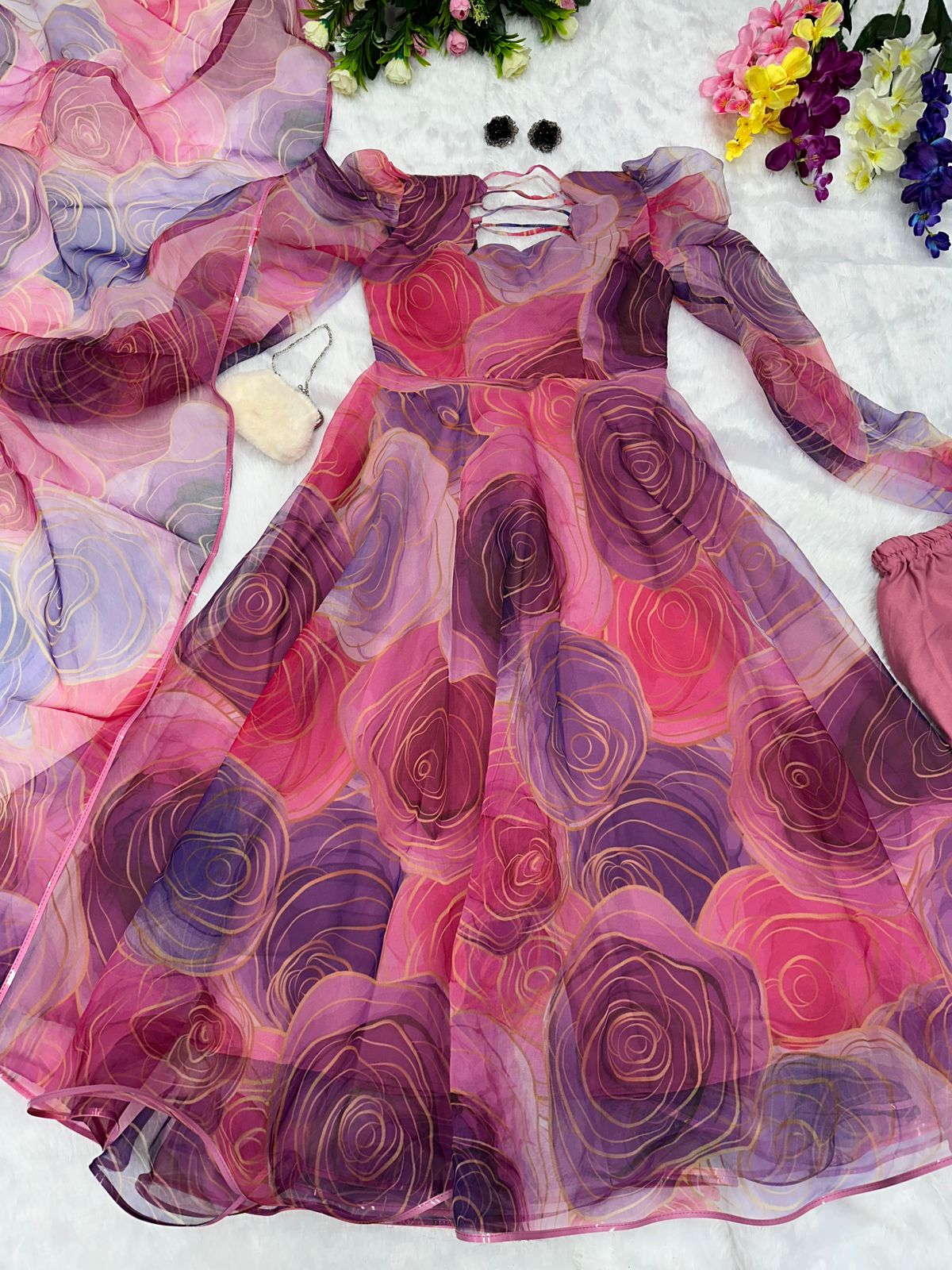 Rose Rhapsody: Sadlo's Designer Digital Printed Organza Silk Anarkali Suit With Huge Flair