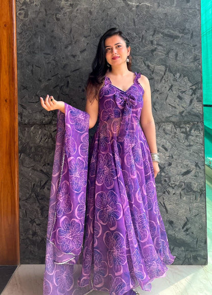 Violet Vibes: Sadlo's Designer Digital Printed Georgette Silk Anarkali Suit With Huge Flair