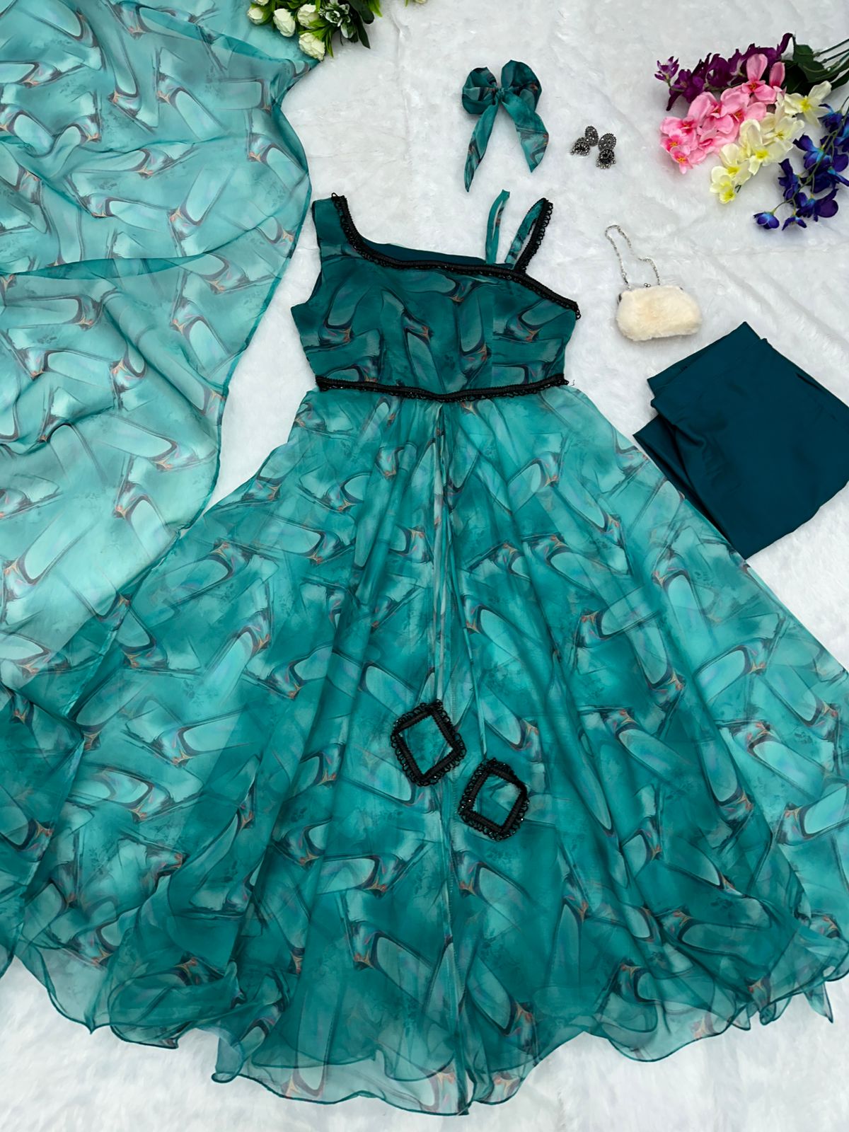 Aqua Breeze: Sadlo's Designer Digital Printed Organza Silk Anarkali Front Slit Suit With Huge Flair