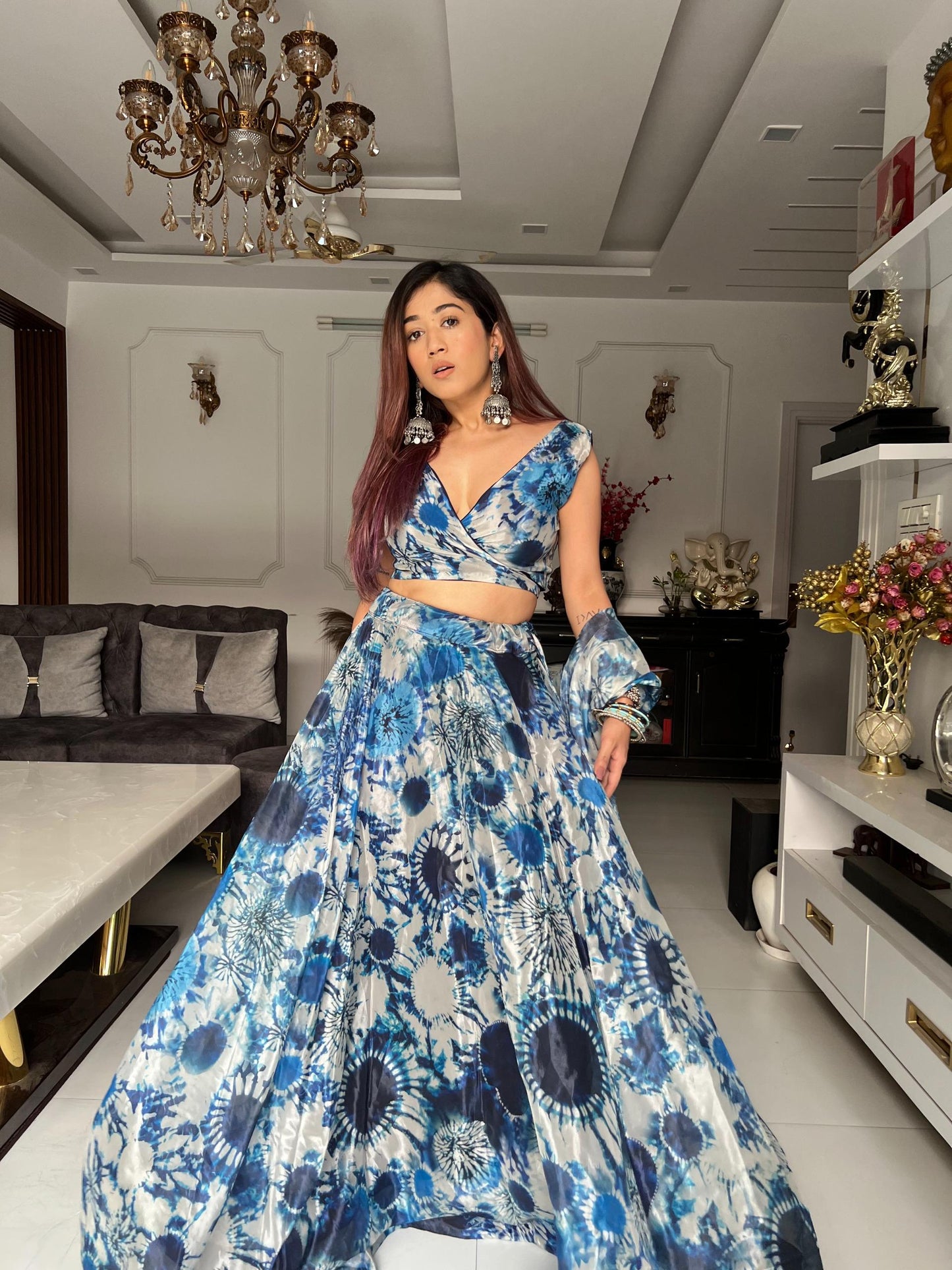 Oceanic Flora Fantasy: Sadlo`s Pure Organza Silk Digital Printed Lehenga