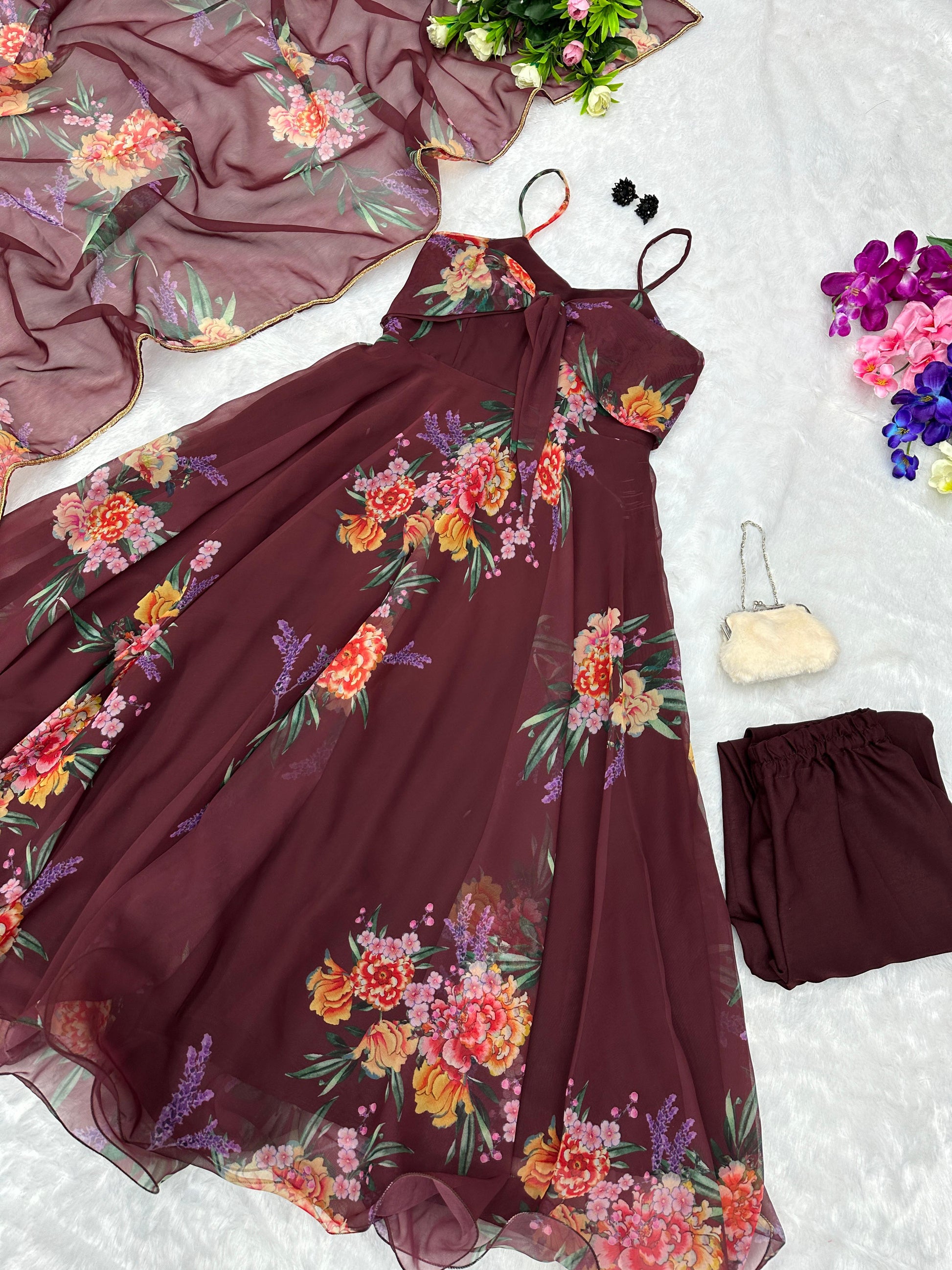 Maroon Bloom: Sadlo's Digital Printed Georgette Silk Anarkali Suit With Huge Flair