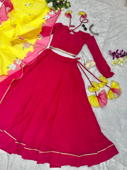 Crimson Elegance: Sadlo`s Designer Pure Georgette Silk Lehenga Choli