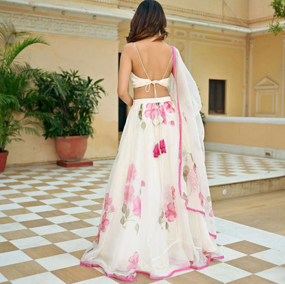 Blooming Beauty: Sadlo`s Pure Organza Silk Hand Painted with Zari Work Lehenga