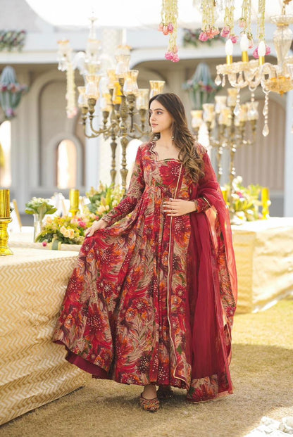 Fiery Fusion: Sadlo`s Digital Printed Floral Georgette Silk Anarkali Gown with Huge Flair